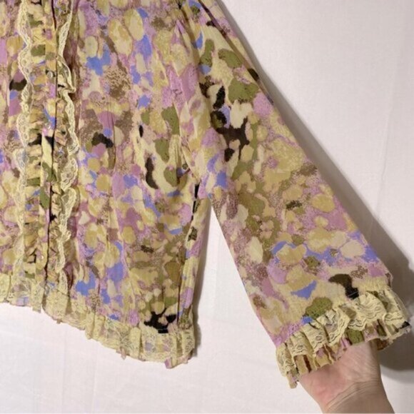 Lloyd Williams Yellow Purple Semi Sheer Abstract Print Button Up Mock Neck Top M - Picture 12 of 14